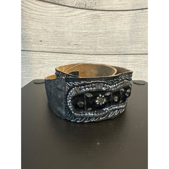 Handcrafted Beaded Black Western Style Belt With Silver Accents